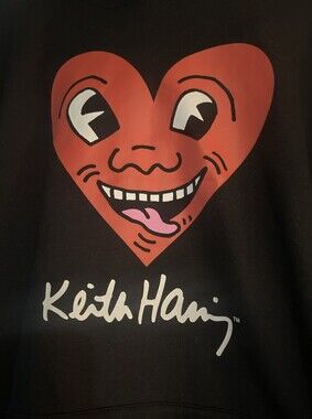 Keith Haring /Old Navy Hoodie Happy Heart Face Men Sz XL Black Pouch Sweatshirt